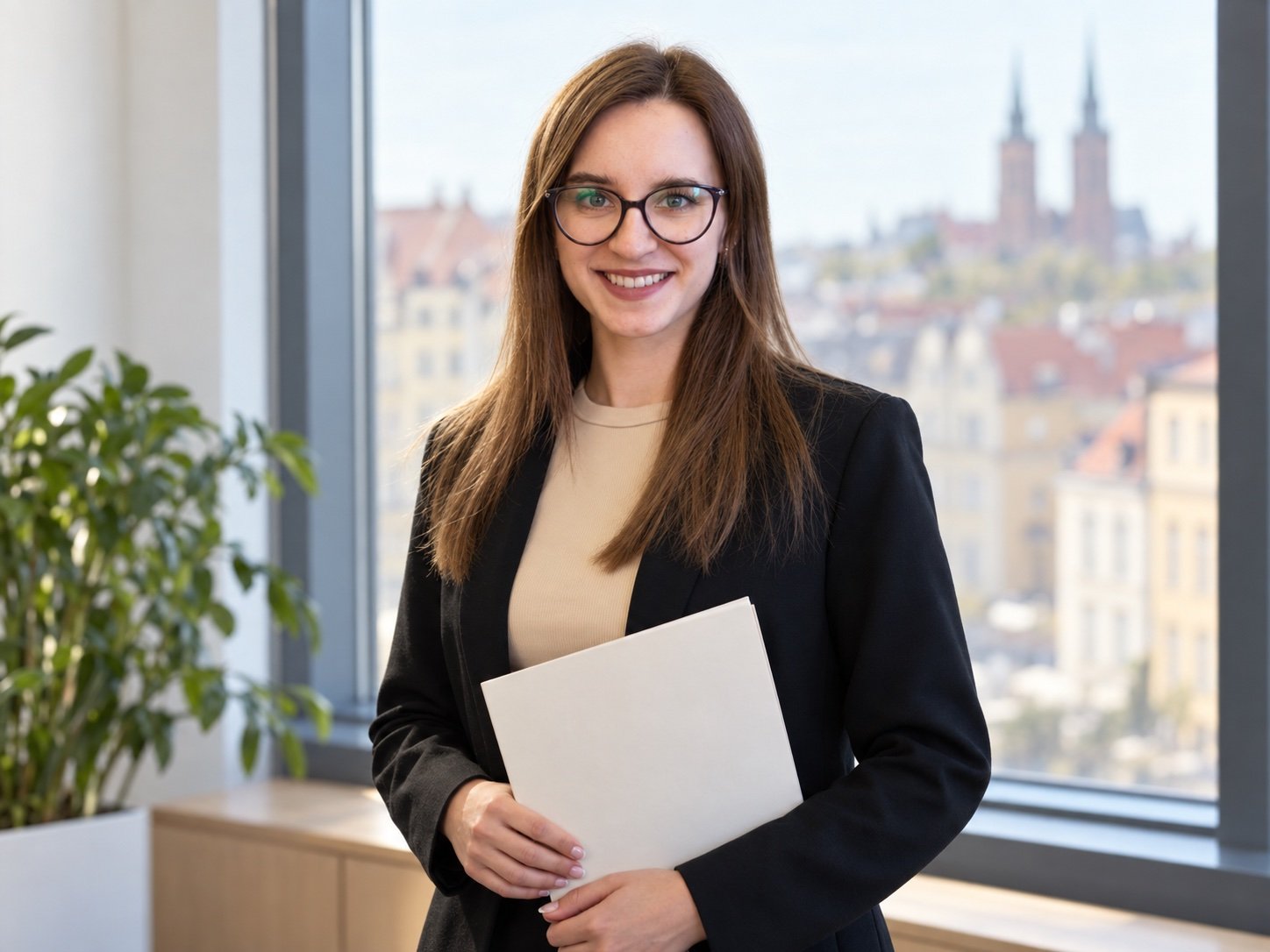 Konsultantka w okularach z teczką dokumentów przy jasnym oknie